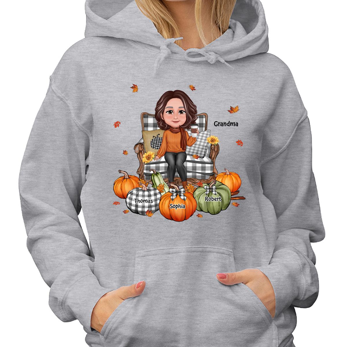 Grandma Sitting On Chair Pumpkins Personalized Shirt