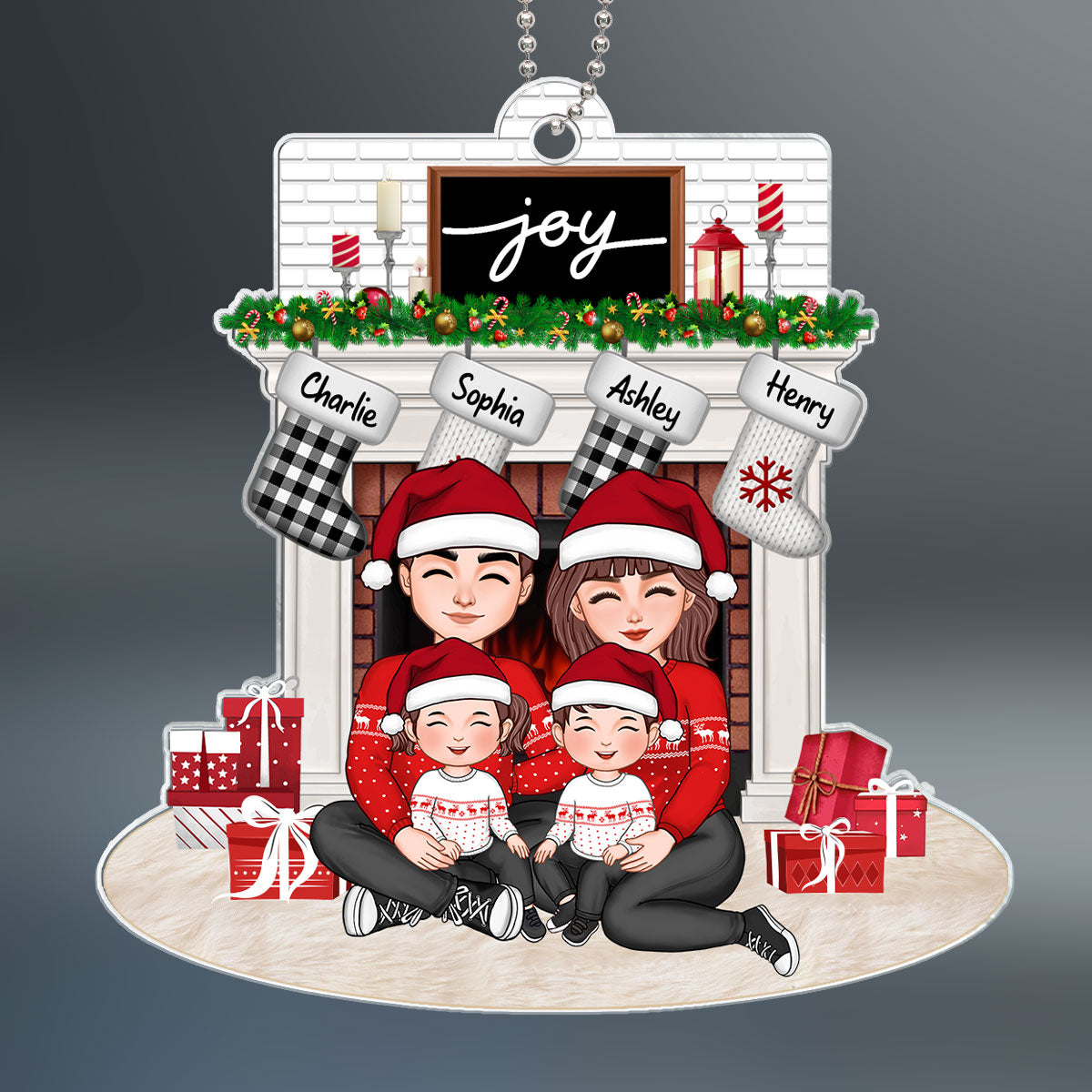Family Sitting Hugging At The Fireplace Personalized Family Christmas Acrylic Ornament