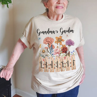 Grandma Birth Month Flower Garden Grandkids Names On Fence Personalized Shirt, Mother's Day gift for Mom, for Grandma