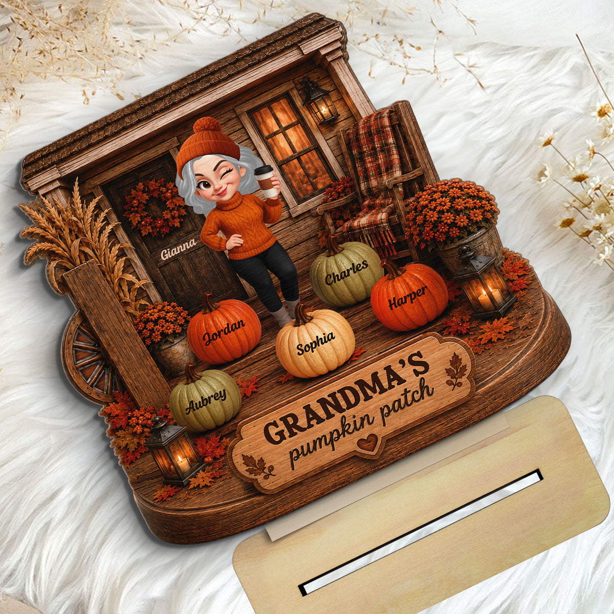 Grandma's Pumpkin Patch Front Porch 2D Flat Printed - Personalized 2-Layered Wooden Plaque - Cozy Fall Decor for Grandma