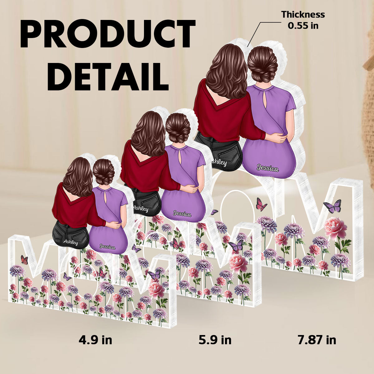 Birth Flowers Mom And Daughters Sons Sitting On Text Personalized Acrylic Block Plaque, Gift