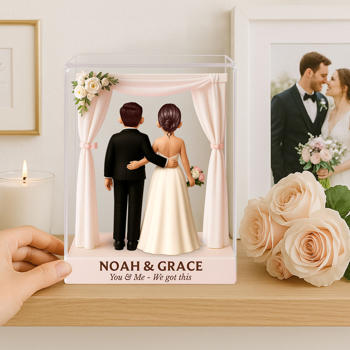 Bride & Groom Couple Figures Style Beach Wedding Theme Personalized Acrylic Flat Block Plaque, Wedding Gift, Newlyweds Gift