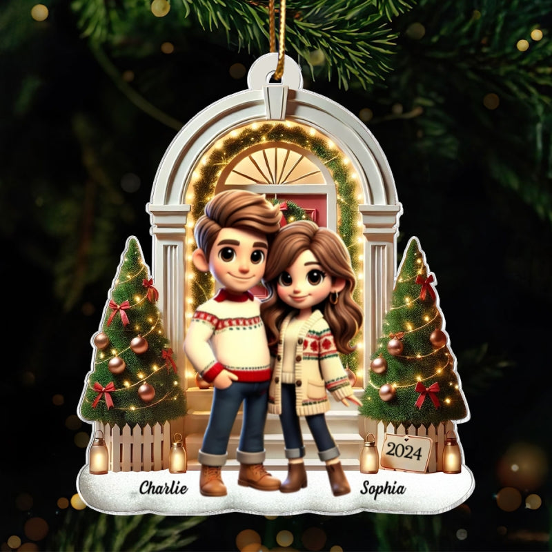 3D Effect Pretty Couple Standing On The Front Porch Personalized Acrylic Ornament, Unique Christmas Gift For Him For Her For The Couple