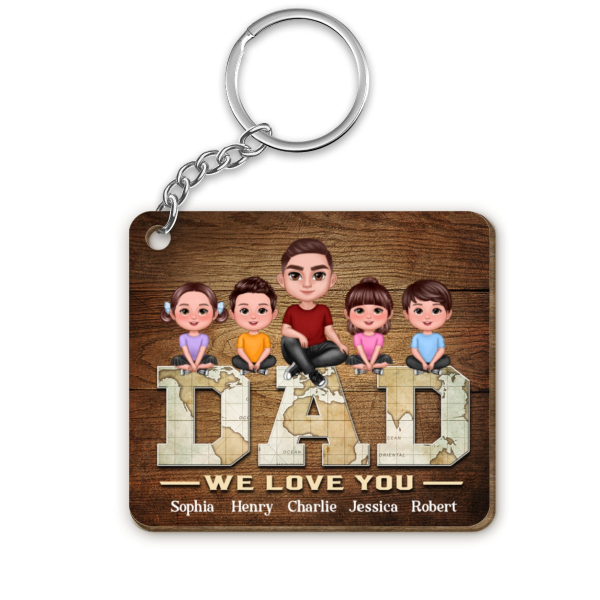 Dad Doll Man And Kids On World Map Text Personalized Wooden Keychain