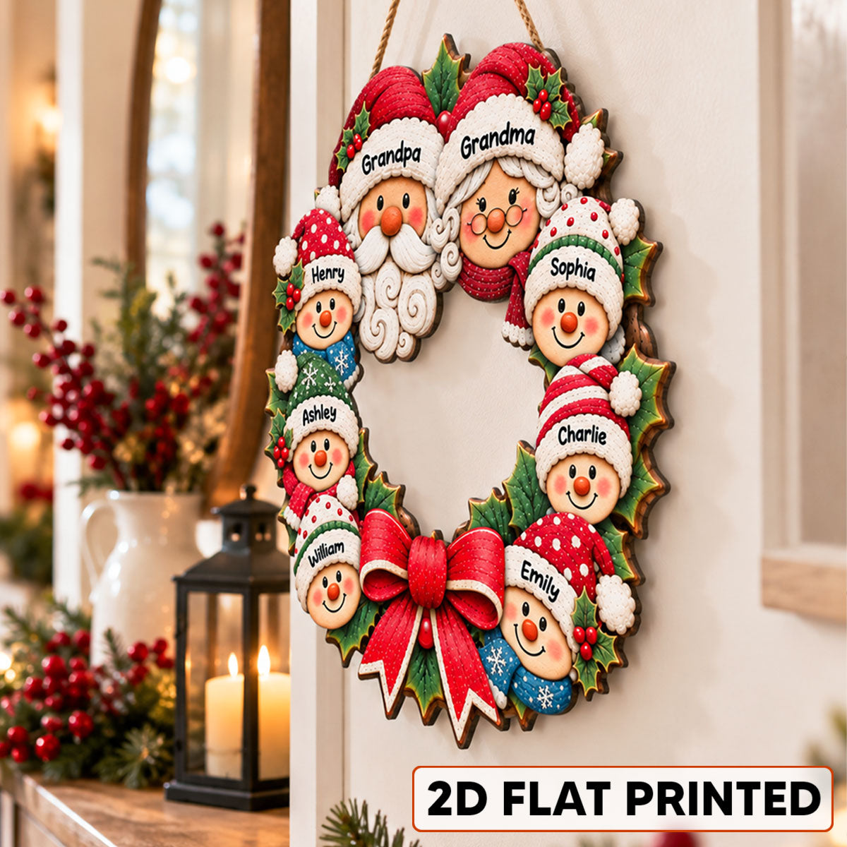 Custom Grandkids Wreath - Personalized Wood Sign - Christmas Decoration For Porch, Door, Window