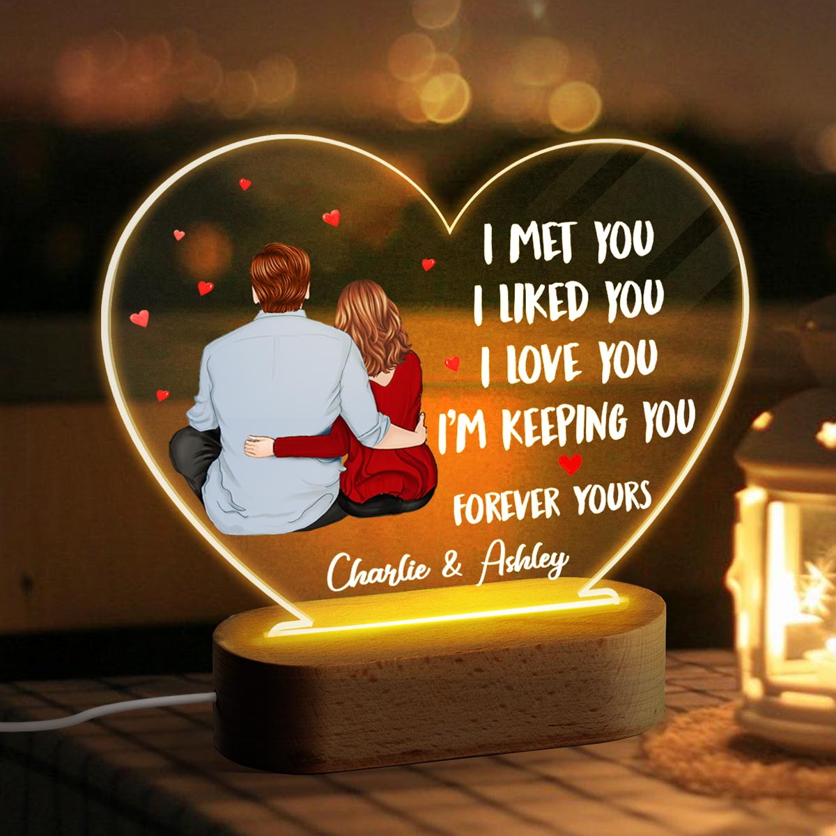 Back View Couple Sitting I Met You Like You Love You Gift For Him For Her Personalized Acrylic Heart Plaque LED Lamp Night Light