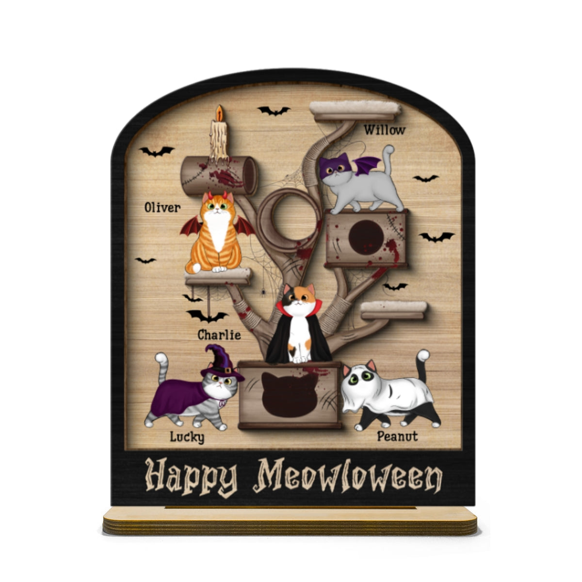 Halloween Cat Tree Cat Lover Tier Tray Decor Personalized 2-Layer Standing Wooden Plaque