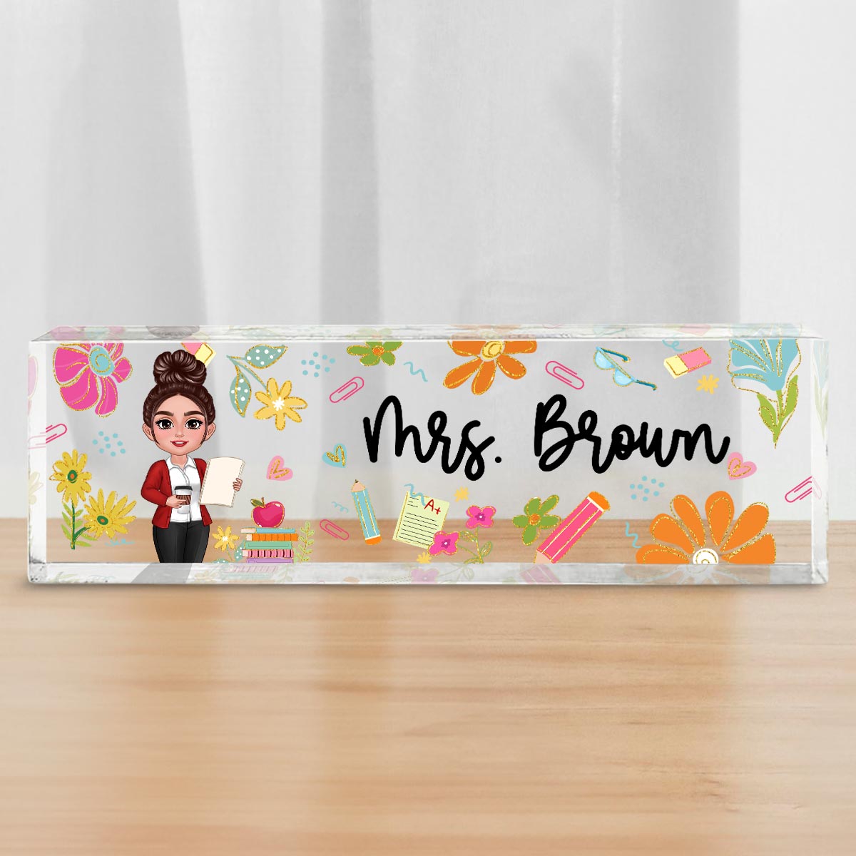 Teacher Floral Pattern Personalized Acrylic Desk Name Plate, Back To School Gift For Teacher