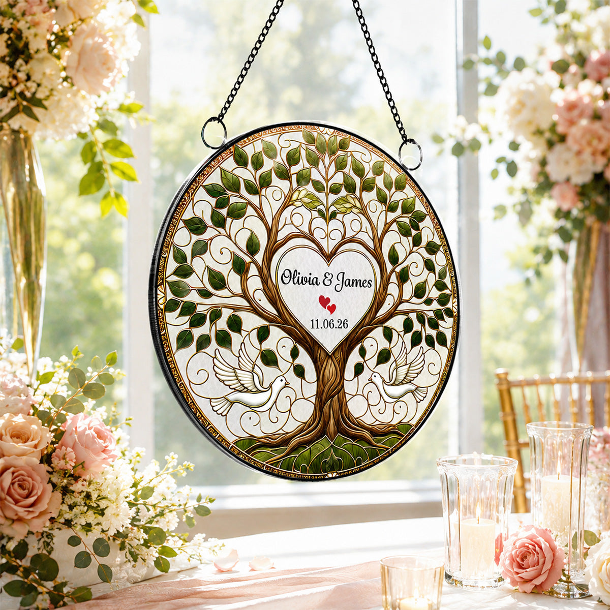 Wedding Tree Of Life With Doves - Personalized Acrylic Window Hanger - Wedding Keepsake, Anniversary Gift For Couples