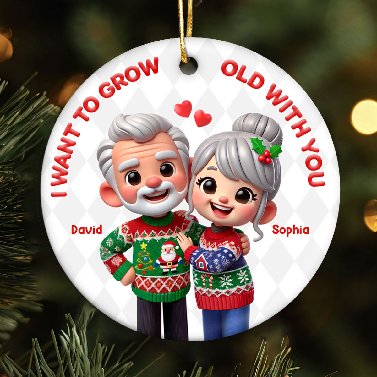 Funny Cartoon Couple I Want To Grow Old With You Christmas Personalized Ceramic Ornament