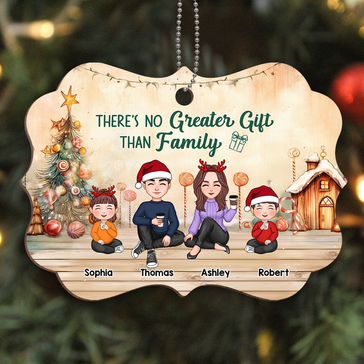 Doll Family Cute Sitting Christmas In House Personalized Wooden Ornament
