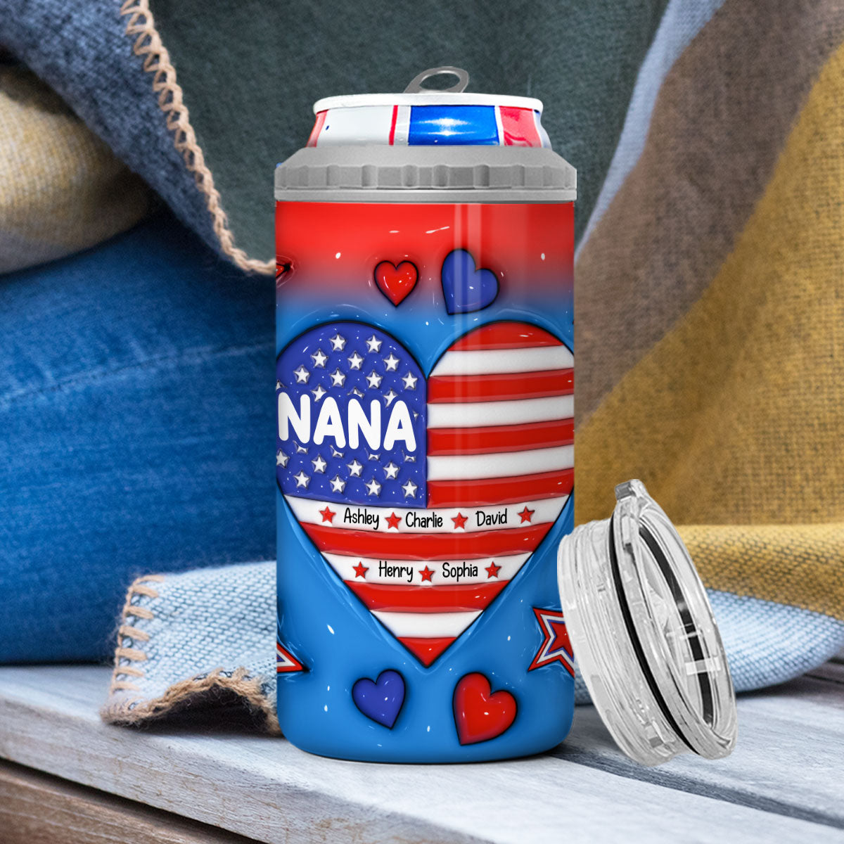 Grandma Mom Dad Grandpa Nation Flag 3D Inflated Effect Printed Personalized 4 In 1 Can Cooler