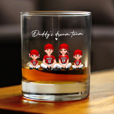 Daddy's Dream Team Baseball - Personalized Whiskey Glass - Father's Day Gift For Dad