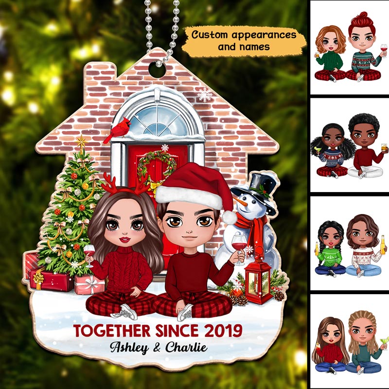 Christmas Doll Couple Sitting In Front Of The House Personalized Wooden Ornament