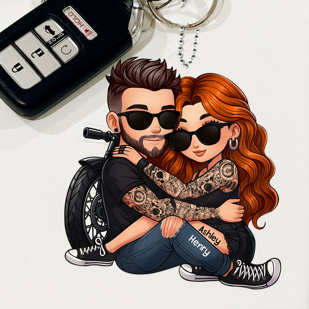 Biker 3D Cartoon Effect Couple Personalized Acrylic Car Ornament, Gift for her, Gift for him, Motorcycle Lovers
