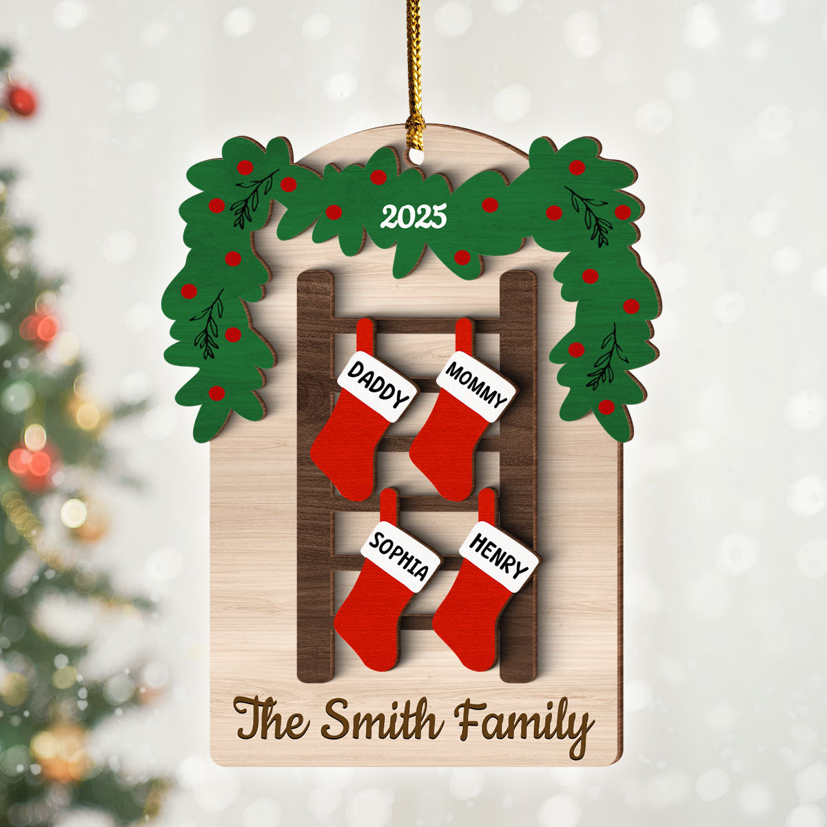 Family Names Ladder Stocking - Persnalized 3-Layered Wooden Ornament - Christmas Gift