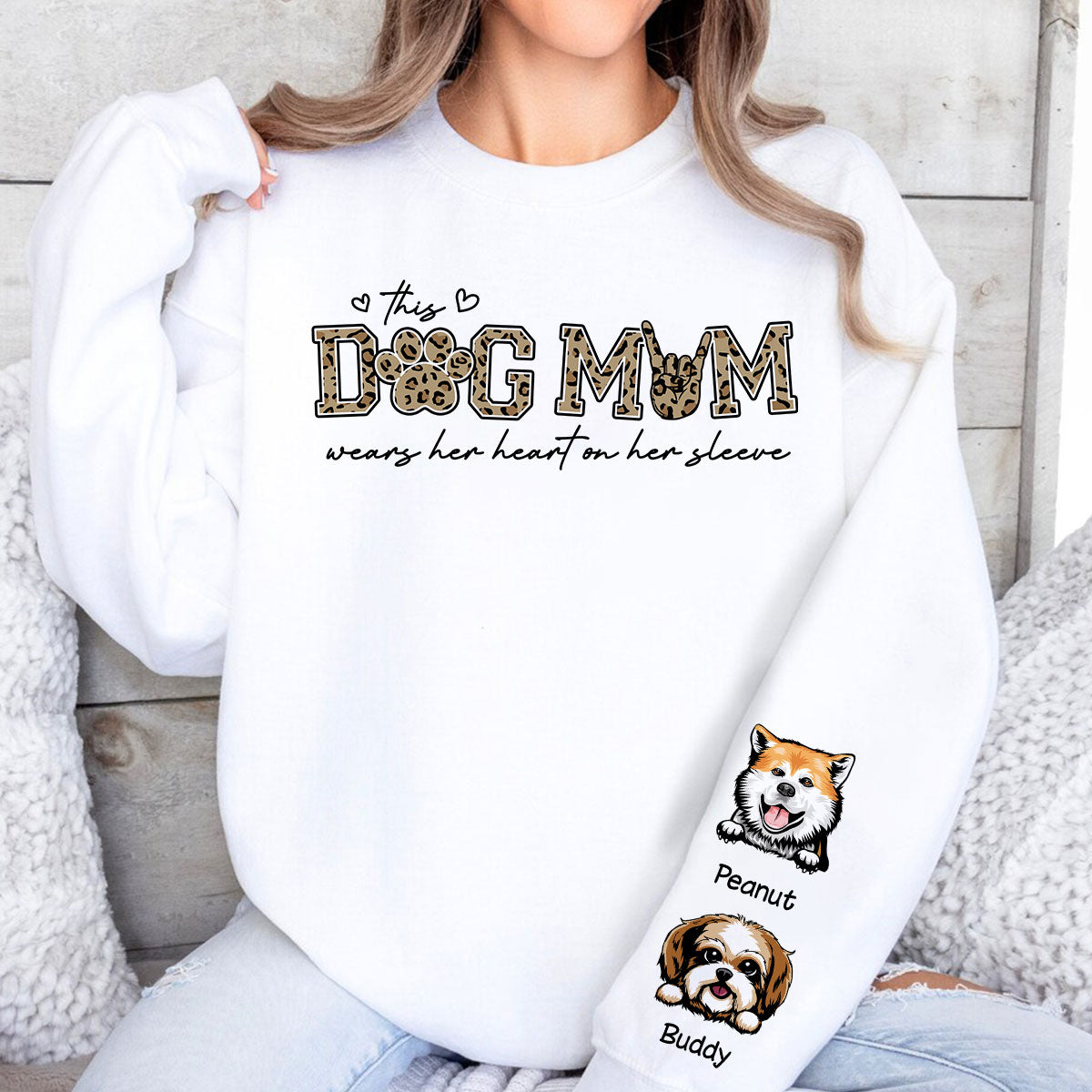 This Dog Mom Wears Her Heart On Her Sleeve, Leopard Pattern, Peeking Dog, Gift For Dog Mom, Fur Mama, Personalized Sleeve Printed Sweatshirt