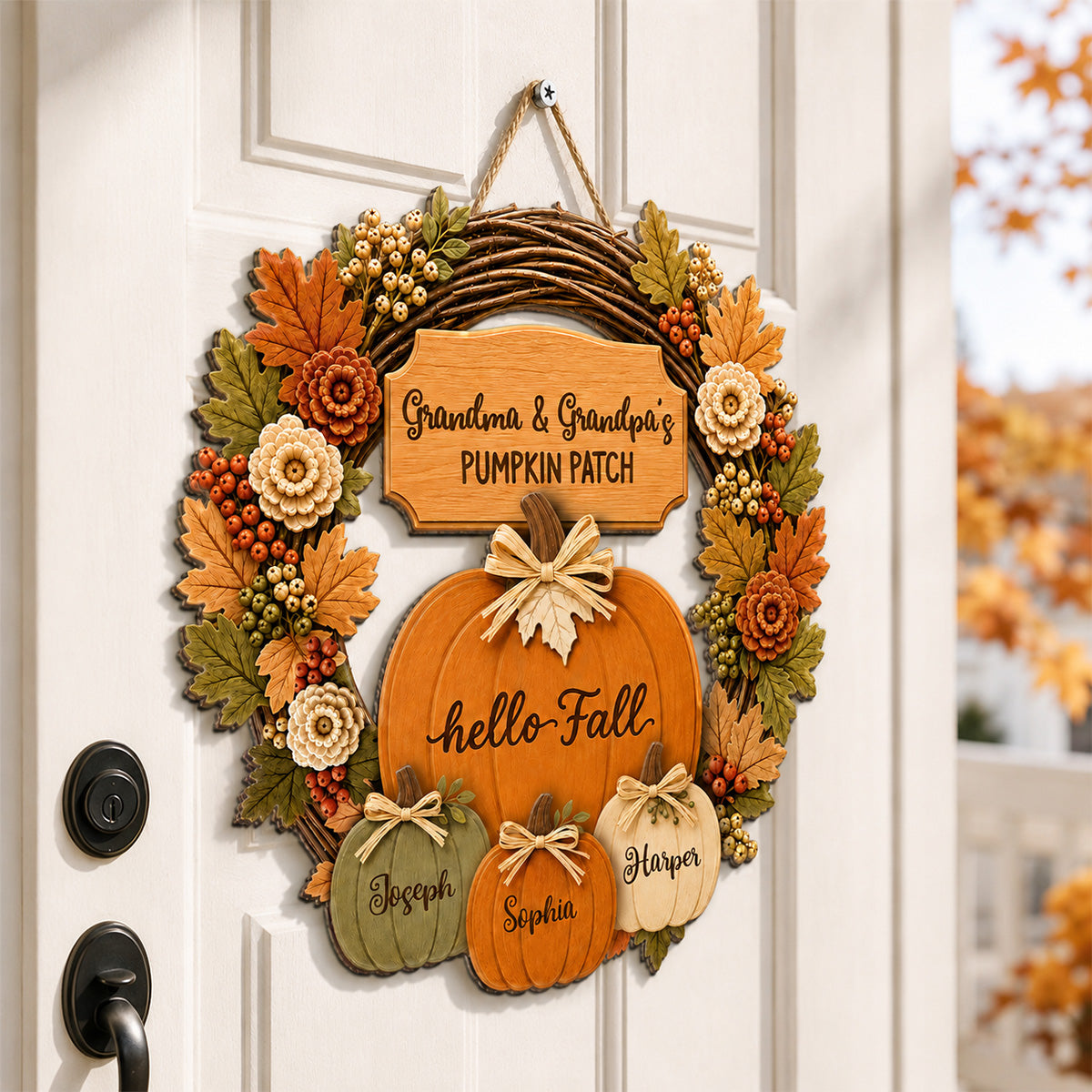 Grandma Grandpa's Pumpkin Patch Wreath Style 2D Flat Printed - Personalized Door Hanger - Fall Season Decor For Grandparents