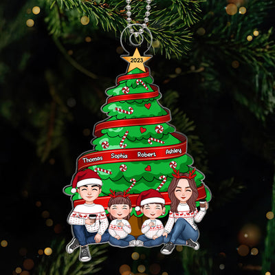 Family Sitting Under Christmas Tree Personalized Acrylic Name Ornament
