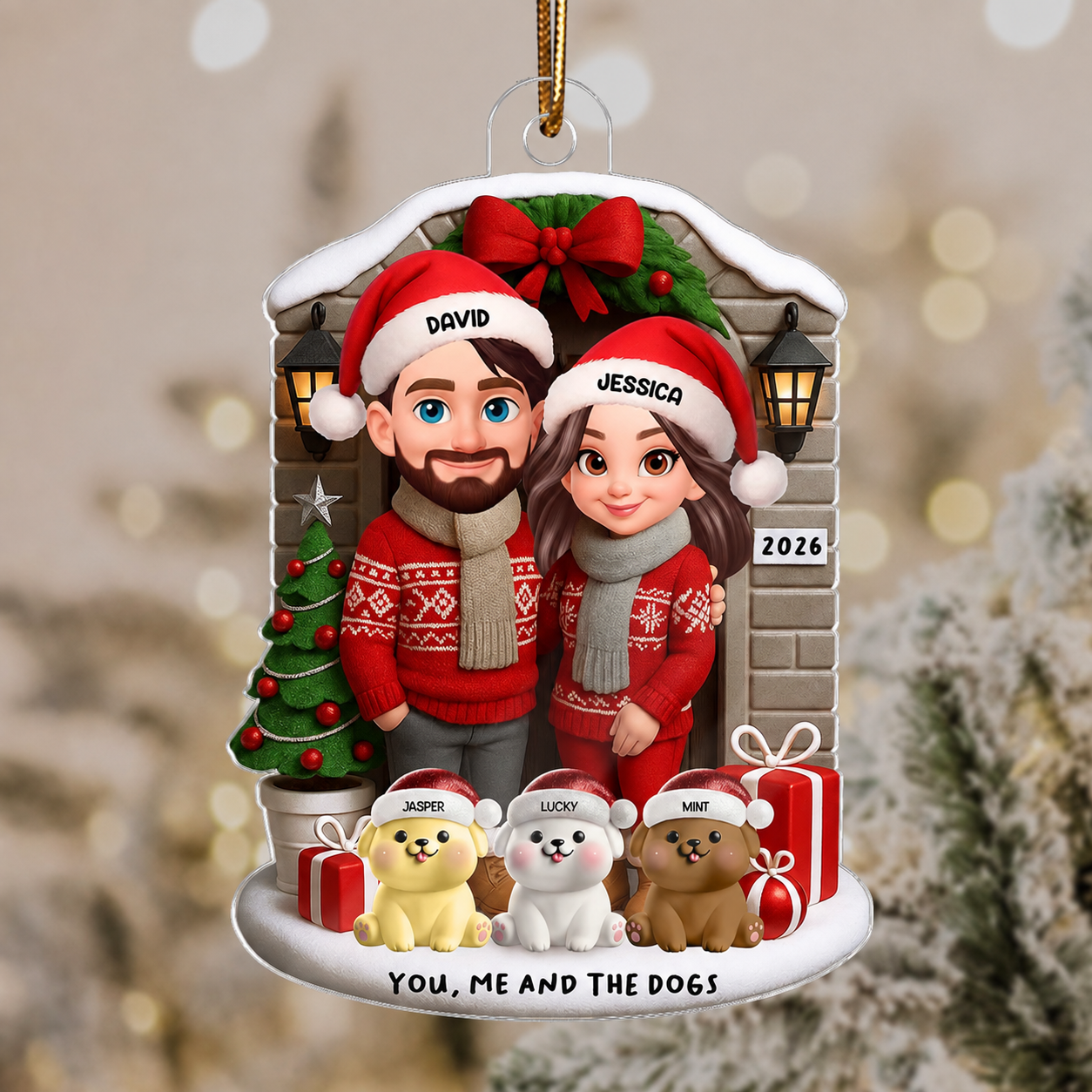 Joyful Couple And Dogs Cats Christmas - Personalized Acrylic Ornament