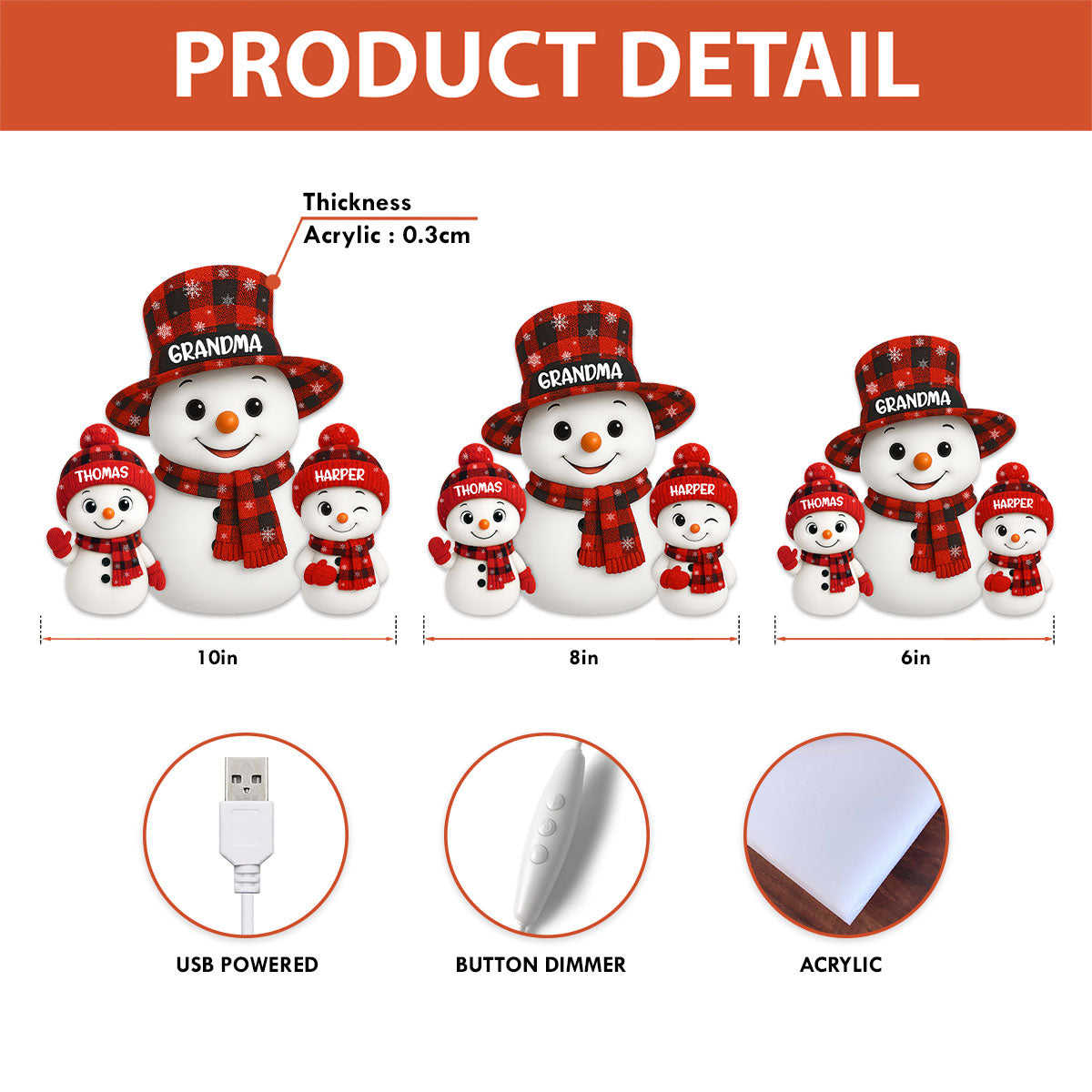 Christmas Checkered Pattern Grandma Grandkids Snowman Together - Personalized Light Box - Gift For Grandmas