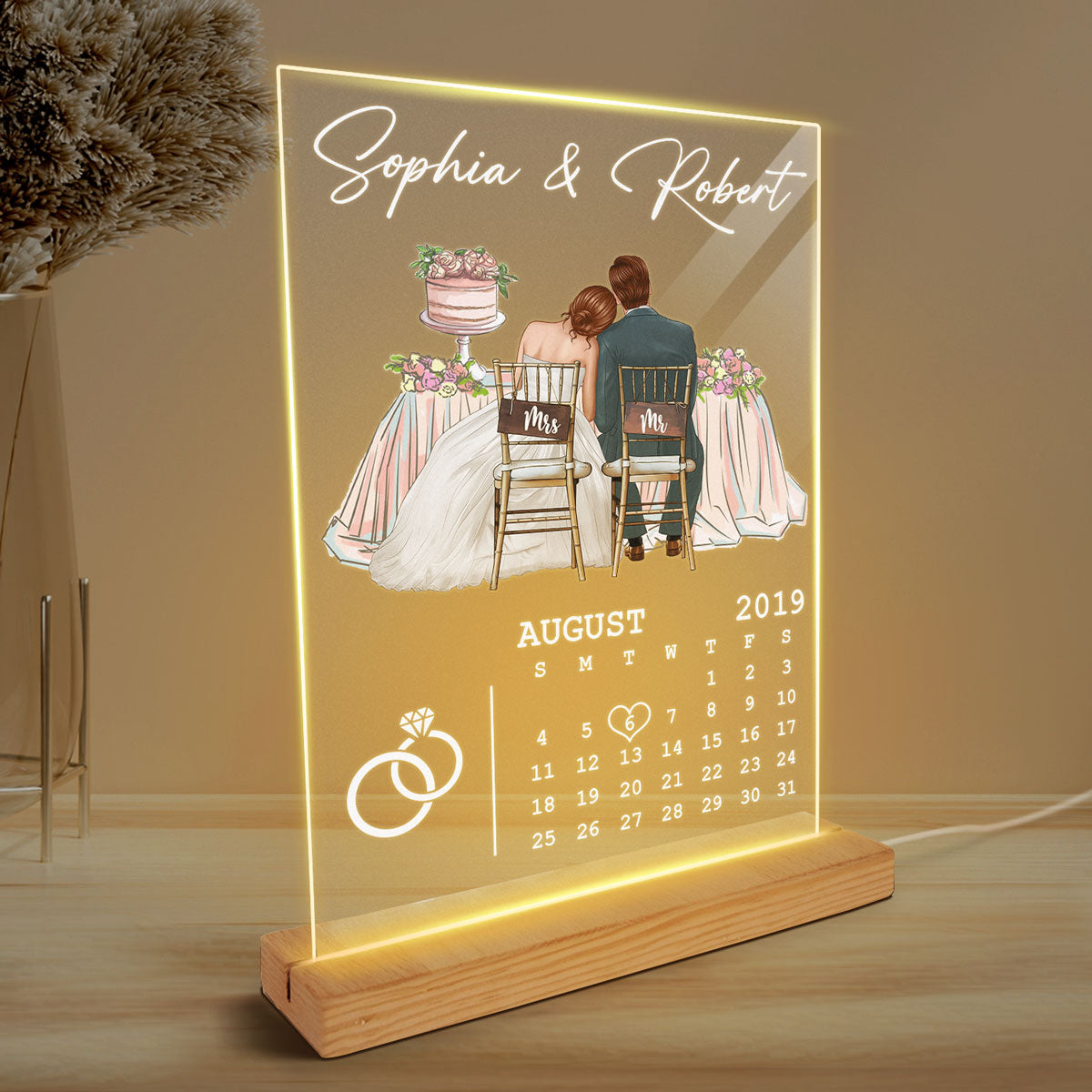 Newlywed Couple Sitting Personalized Acrylic Plaque LED Night Light - Wedding Anniversary Gift For Couple - Gift For Him - Gift For Her