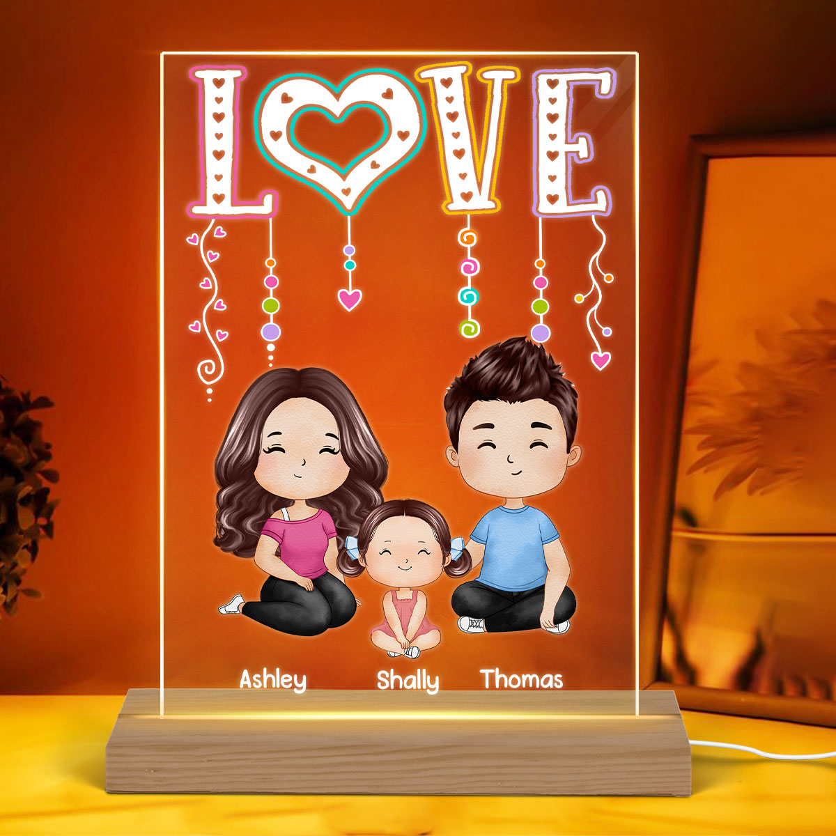 LOVE Happy Doll Whole Family Watercolor Style Couple Dad Mom Kids Dogs Cats Sitting Personalized Rectangle Acrylic Plaque LED Night Light