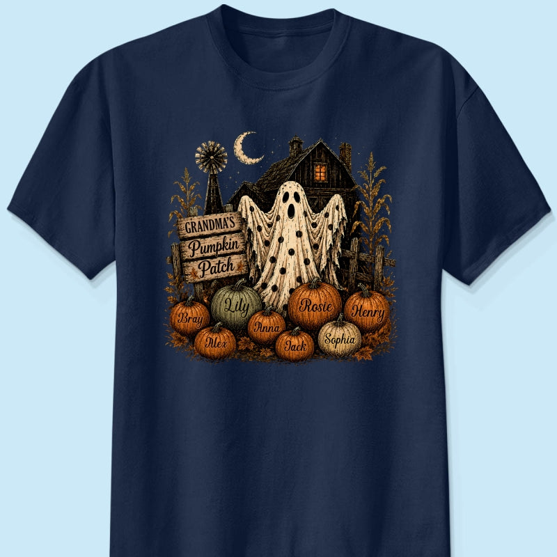 Grandma's Pumpkin Patch Haunted House - Personalized Shirt - Cozy Fall Halloween Tee for Grandma