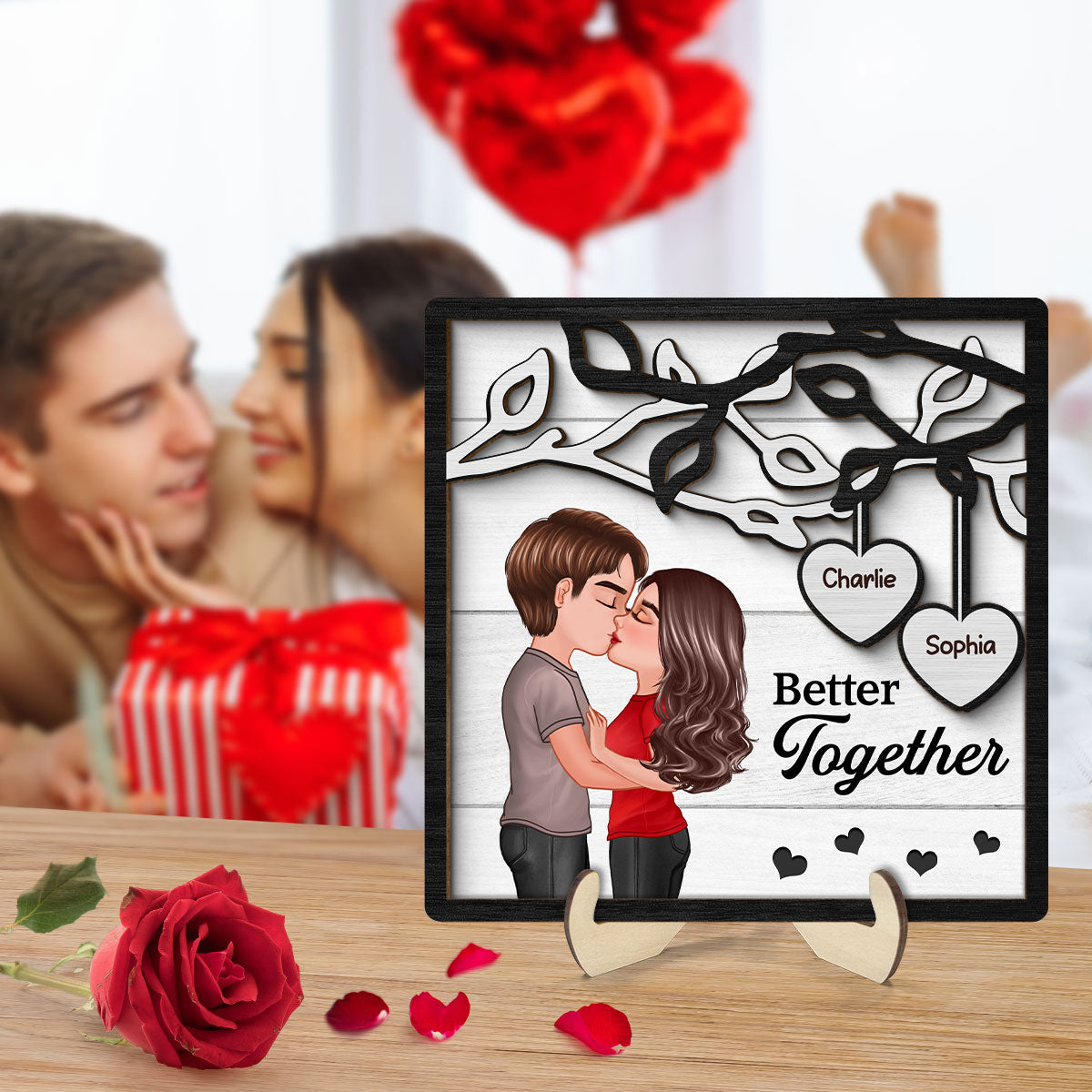 Couple Kissing Under Tree Gift For Him For Her Personalized 2-Layer Wooden Plaque