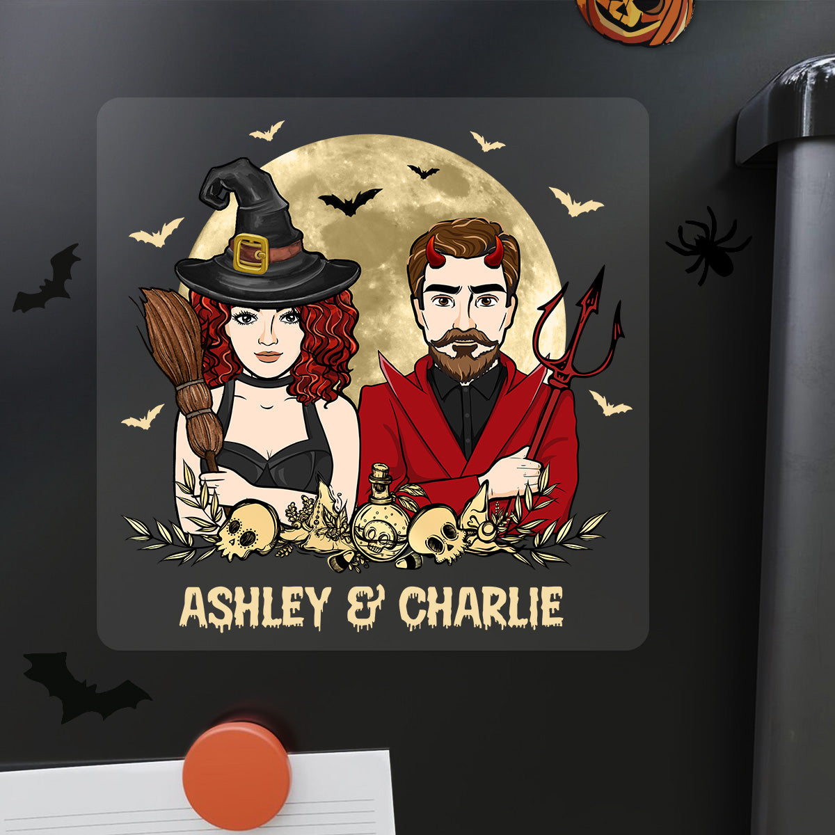 Halloween Couple Witch And Devil Personalized Decal, Halloween Decor