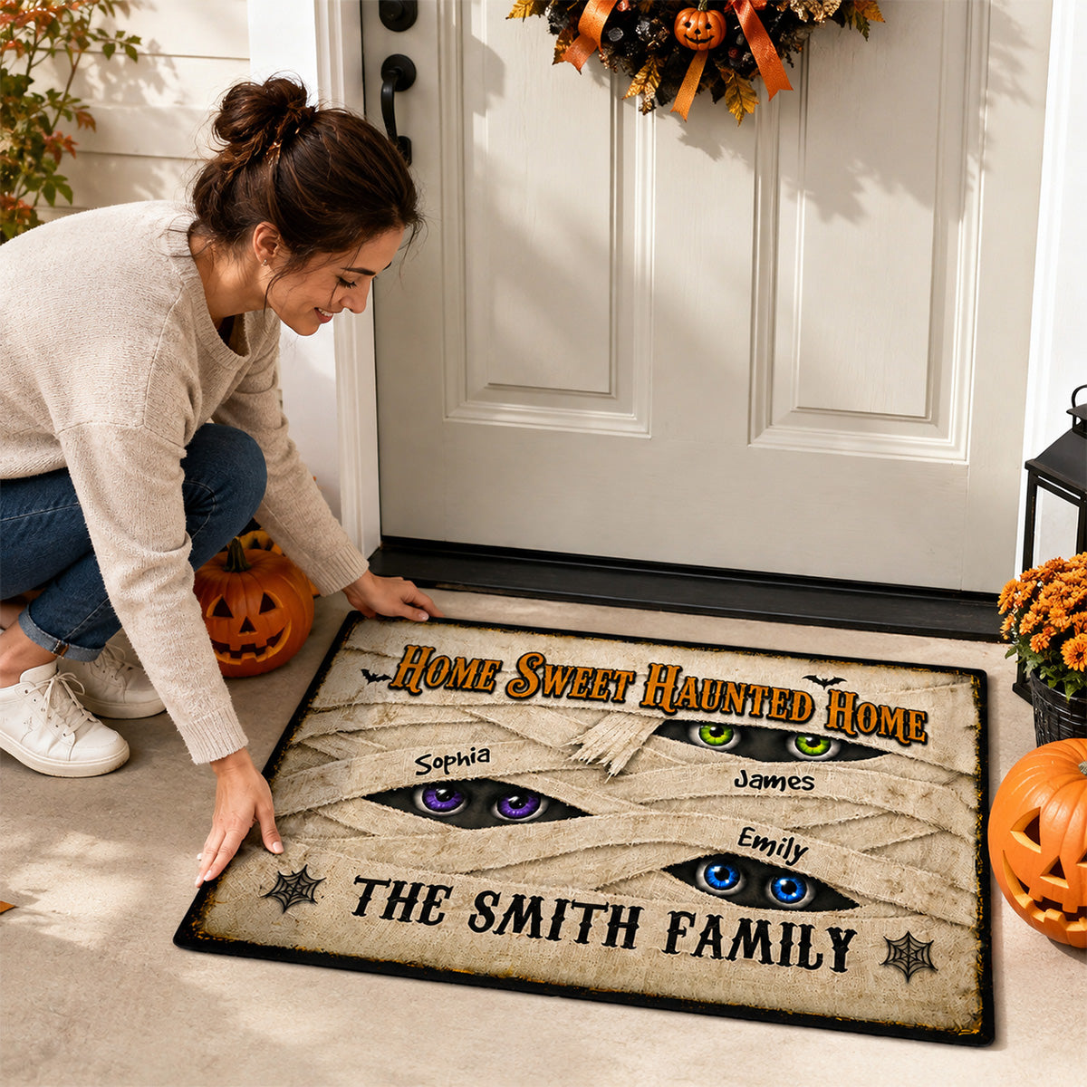 Mummy Family Peeking Eyes 2D Flat - Personalized Doormat - Funny Halloween Family Decoration