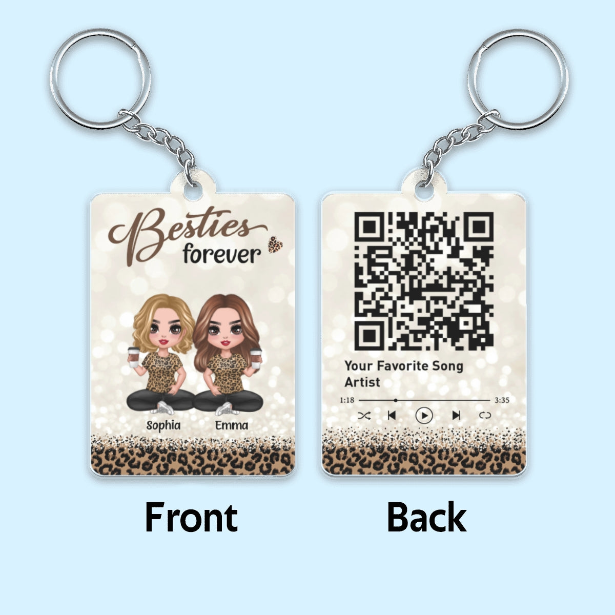 Leopard Pattern Doll Besties Sisters Sitting Favorite Song Scannable QR Code Personalized Acrylic Keychain