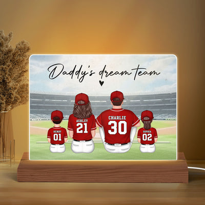 Daddy's Team Baseball Family Sitting Personalized Acrylic LED Night Light, Father's Day Gift For Dad, Grandpa, Husband