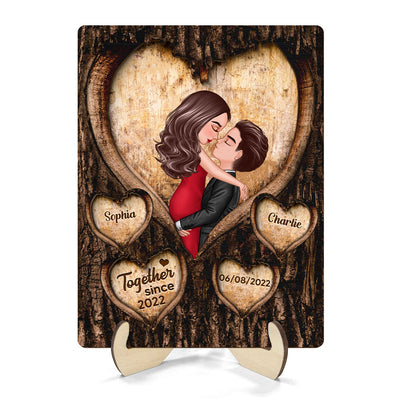 Couple Kissing Hearts Engraved On Tree Personalized 2-layer Wooden Plaque,  Gift For Him, For Her