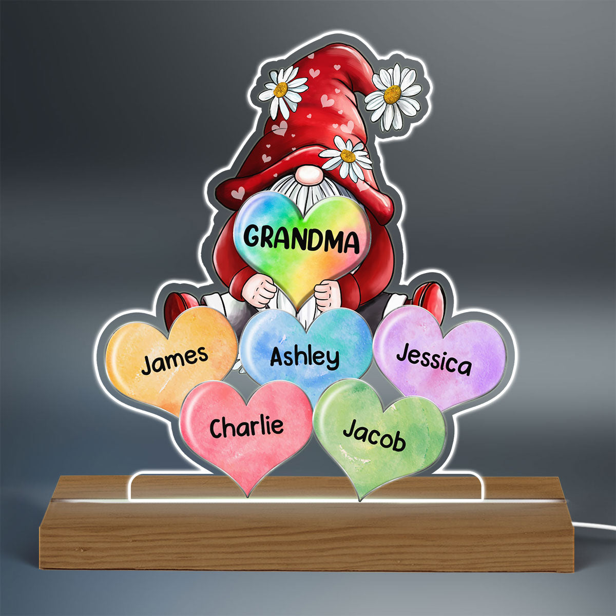 Grandma Mom Gnome Loves Colorful Sweethearts Personalized Custom Shaped Acrylic Plaque With LED Night Light