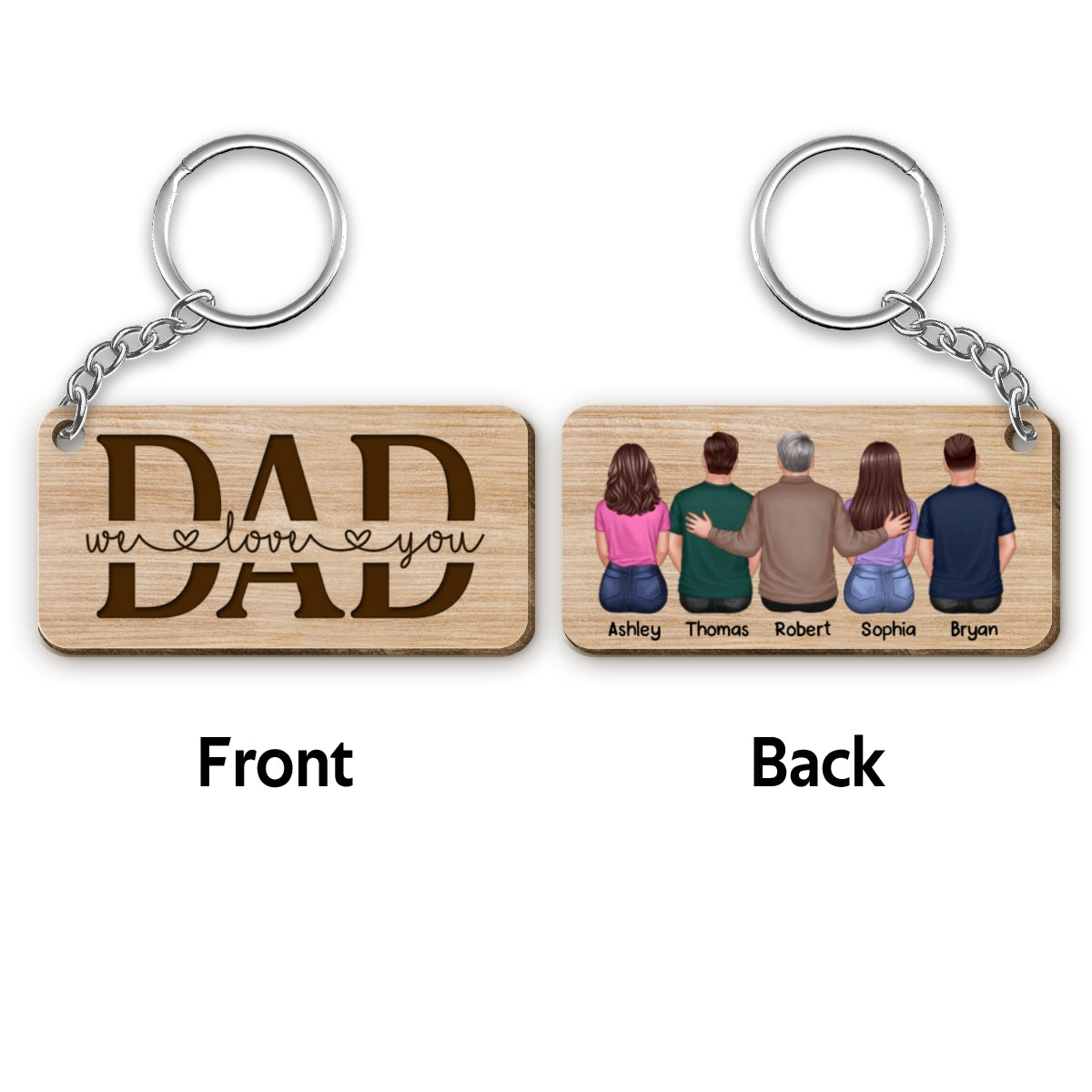 Best Dad Ever Back View Dad And Daughters Sons Personalized Wooden Keychain