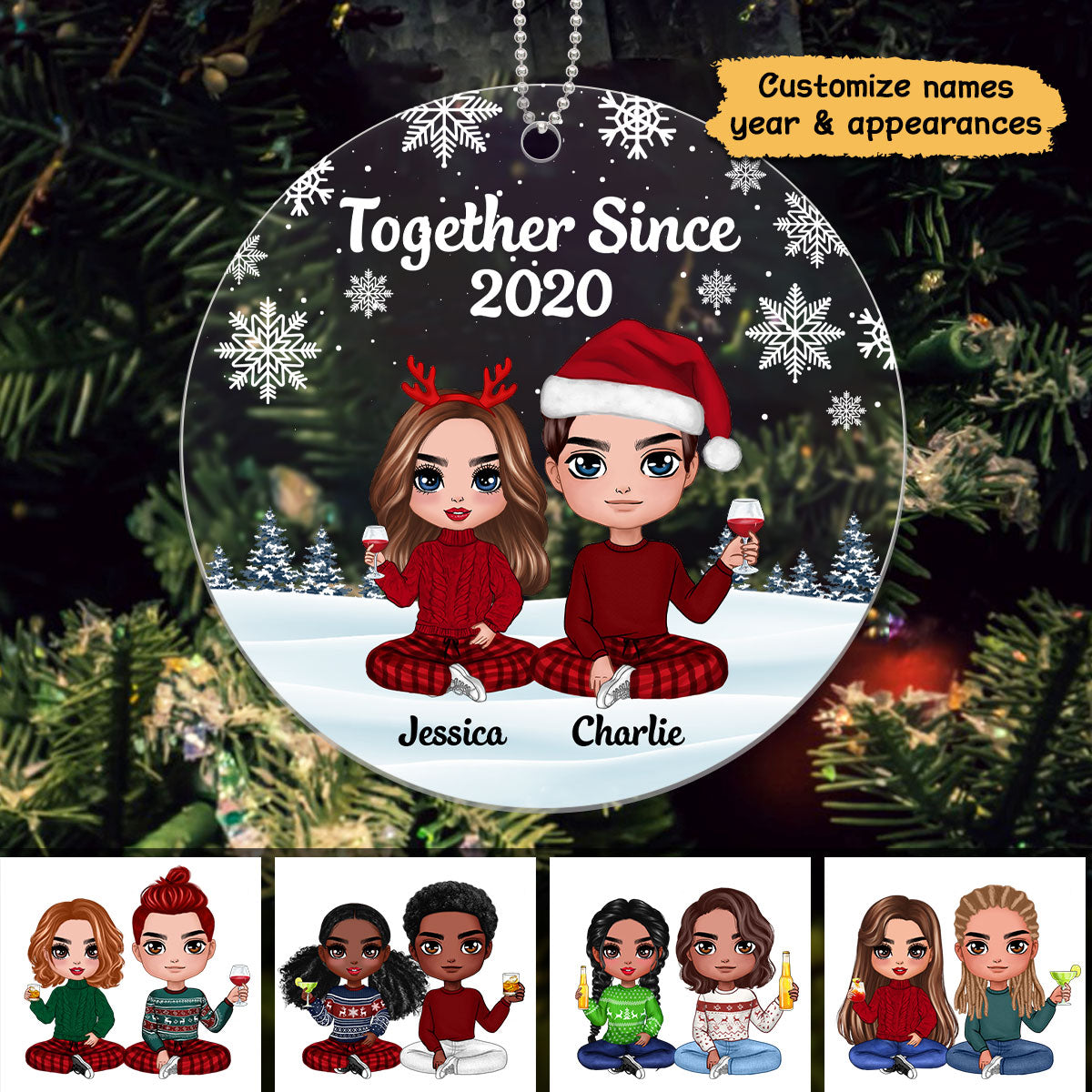 Doll Couple Sitting Snow Background Personalized Acrylic Ornament