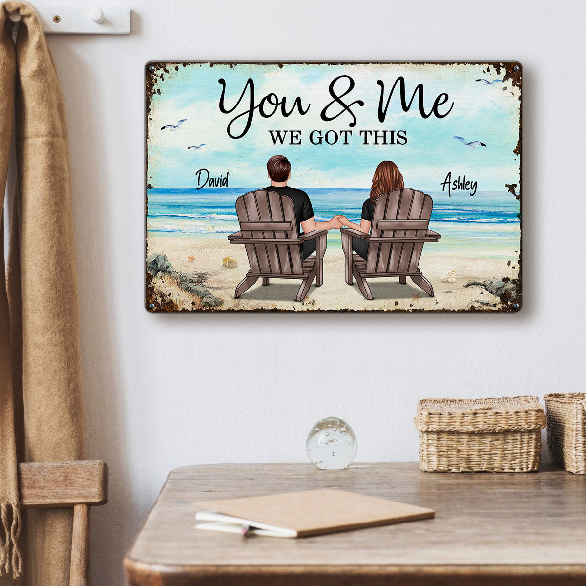 Back View Couple Sitting Beach Landscape Personalized Metal Sign