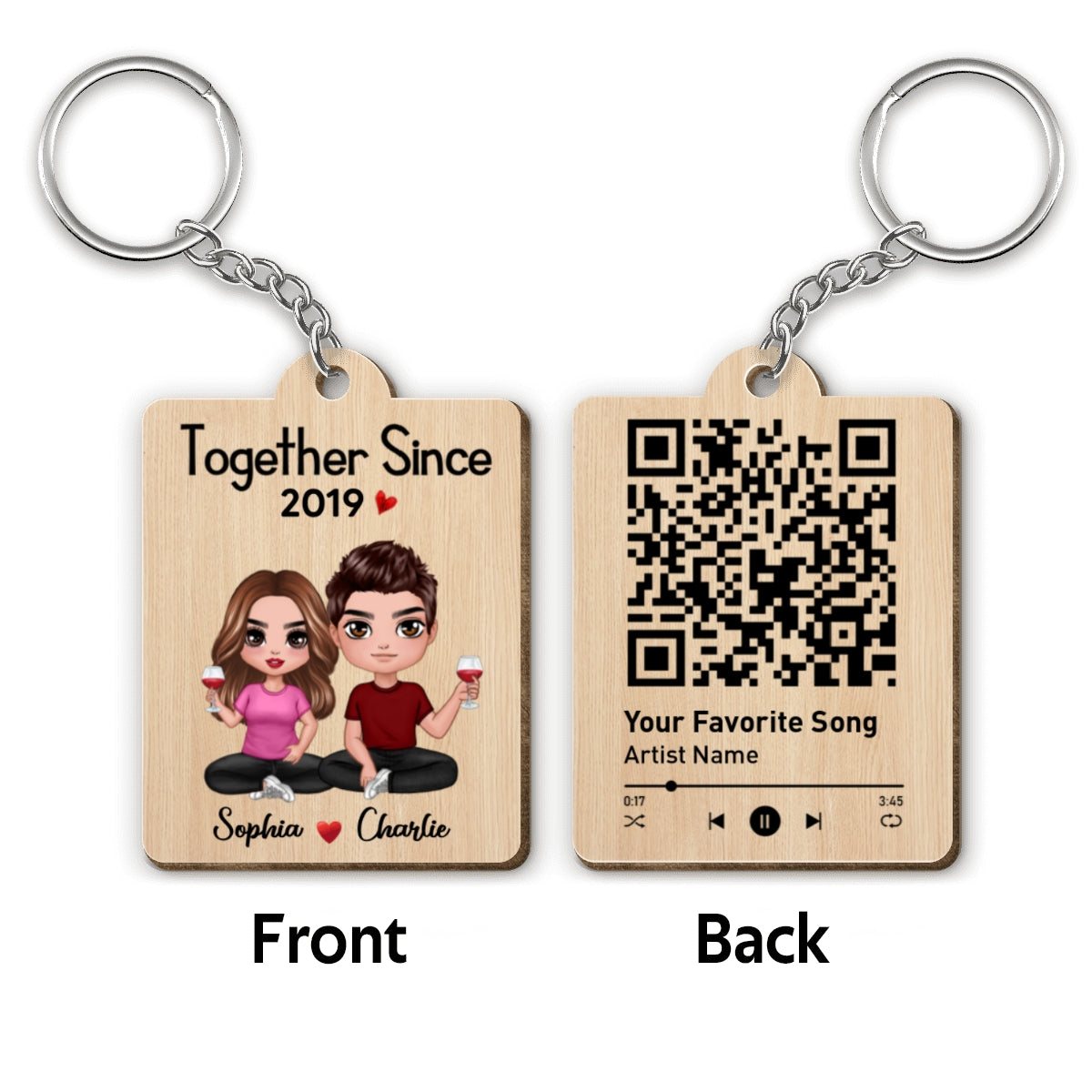 Couple Sitting Favorite Song Scannable QR Code Personalized Wooden Keychain