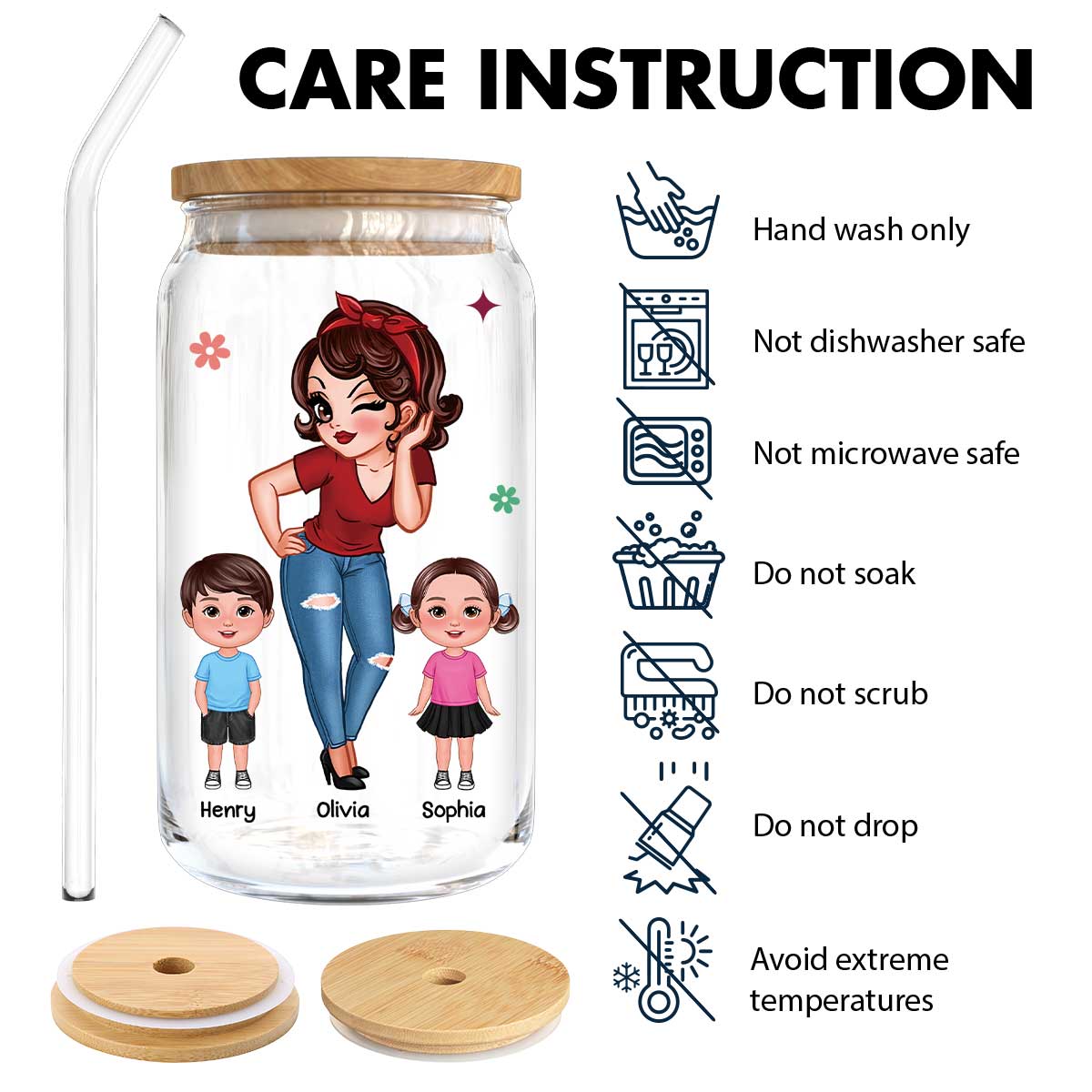 Best Mom Grandma Ever Pretty Woman & Kids Personalized Clear Glass Can