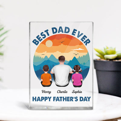 Retro Best Dad Ever Happy Father‘s Day Back View Man Sitting With Kids Dogs Cats Personalized Vertical Rectangle Acrylic Block Plaque