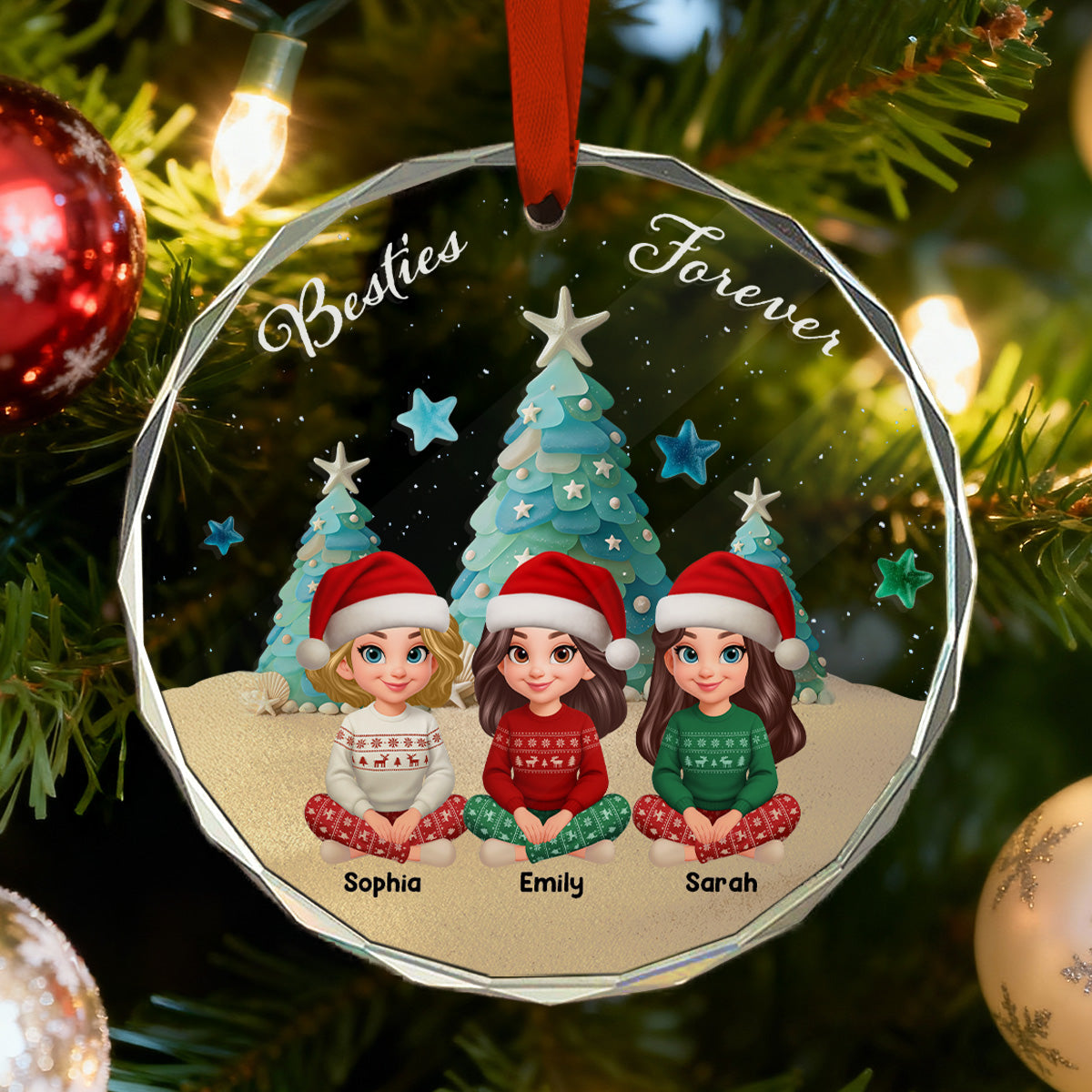 3D Sea Glass Effect Christmas Tree Beautiful Besties Forever - Personalized Glass Ornament - Gift For Best Friends