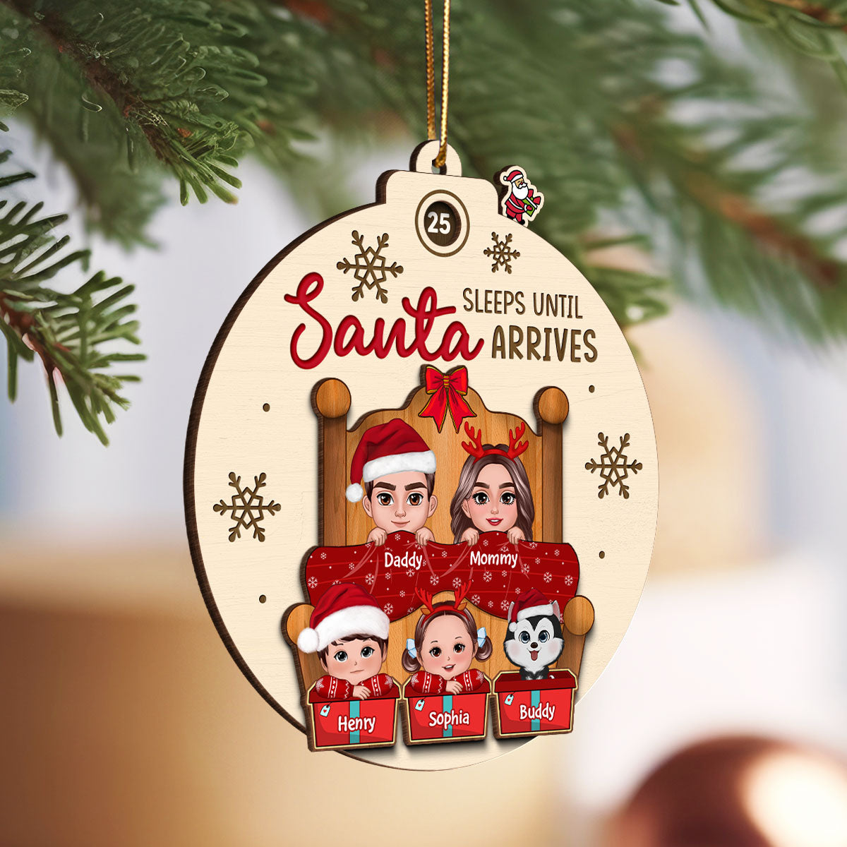Sleeps Till Santa Arrives Christmas Doll Family Couple Dogs Cats On Bed Personalized Countdown Ornament