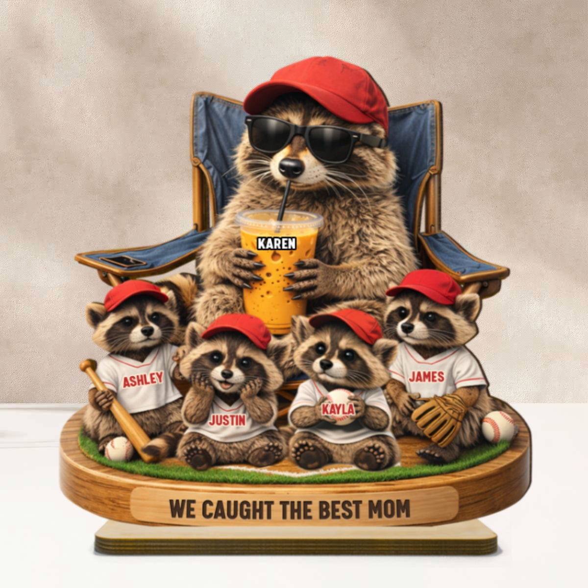 Raccoon We Caught the Best Mom - Personalized 2-Layered Wooden Plaque - Mother's Day Gift for Mom, Wife