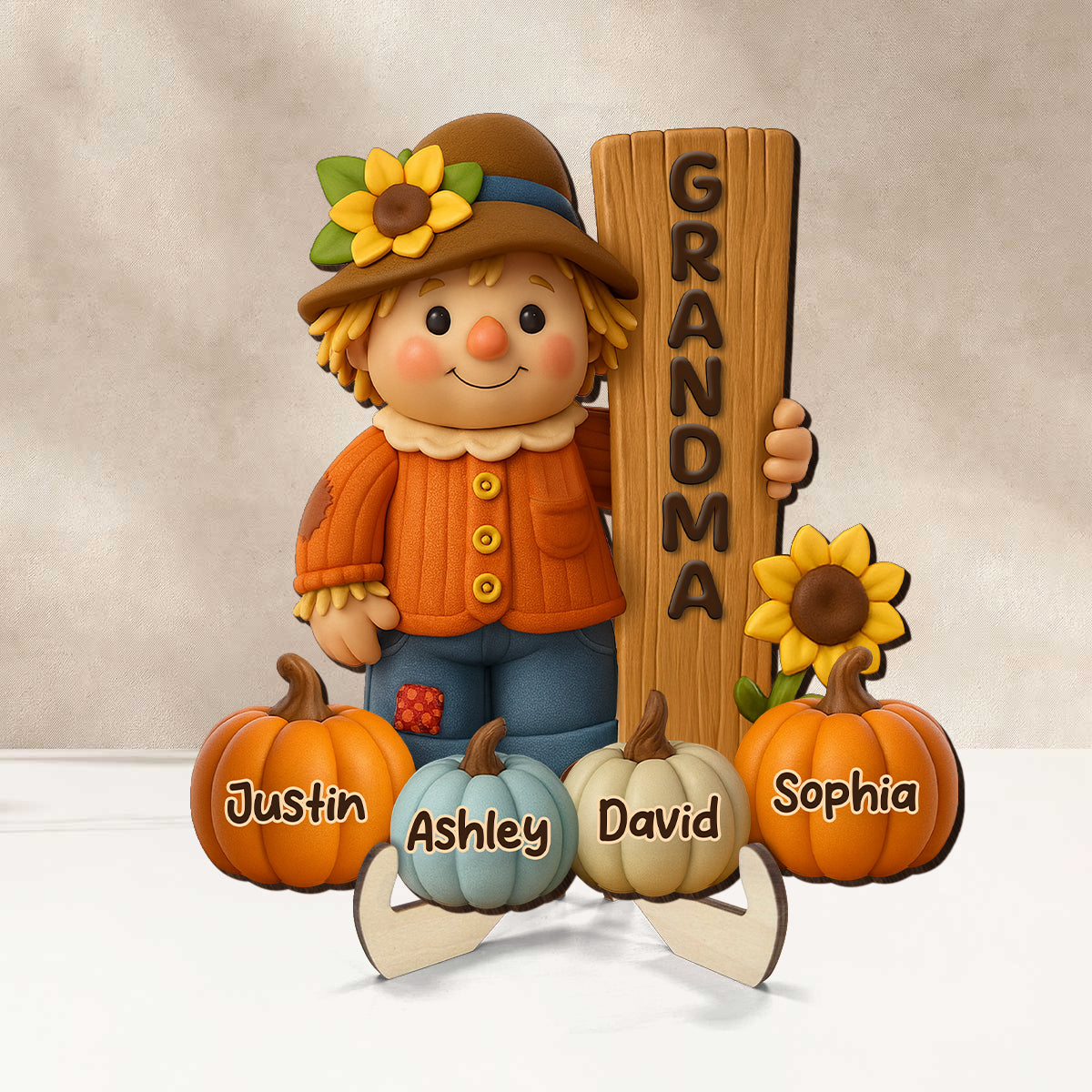 Grandma Scarecrow Standing Grandkids Pumpkins 3D Effect Personalized 2-Layer Wooden Plaque