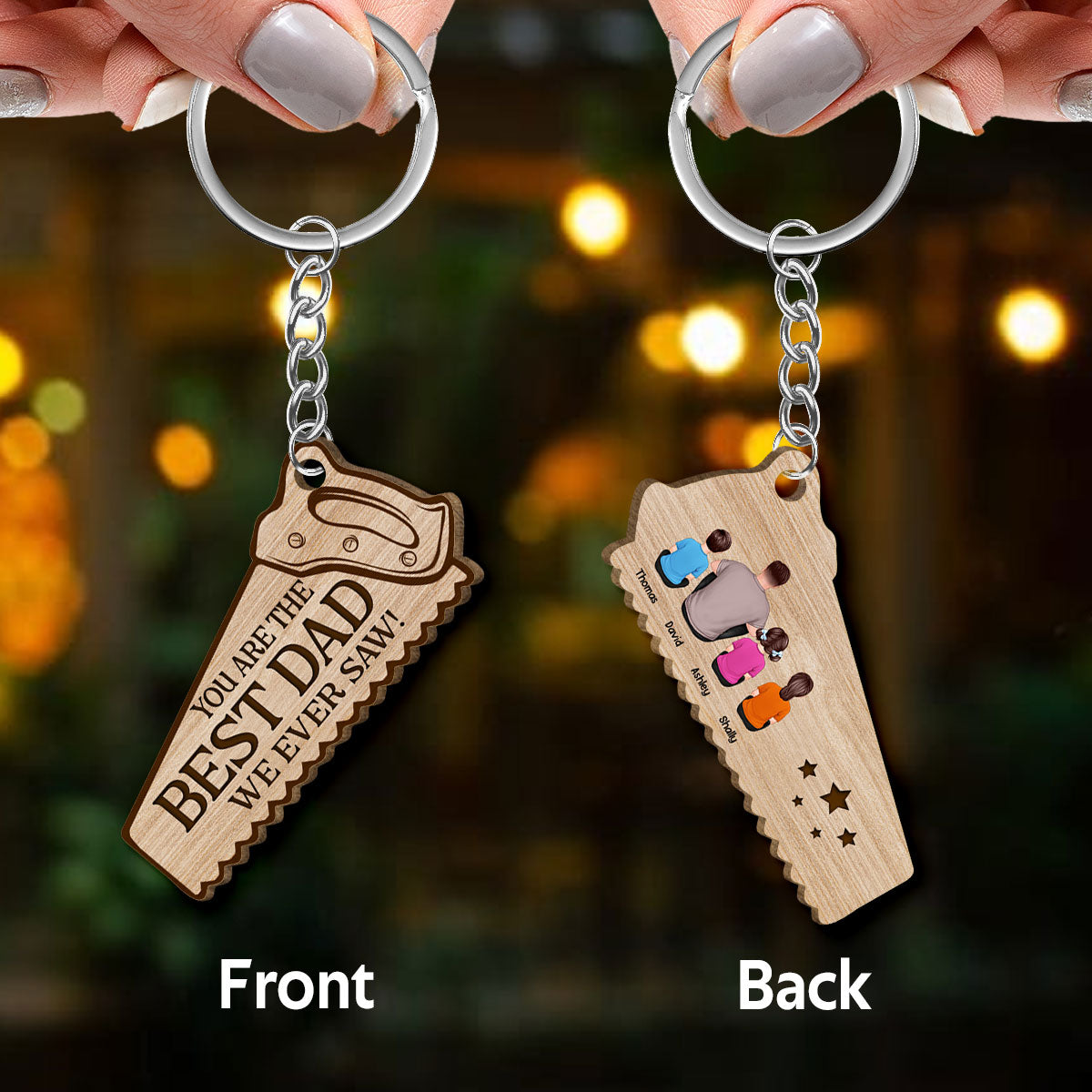Best Dad We Ever Saw Back View Man Kid Dog Cat Personalized Wooden Keychain