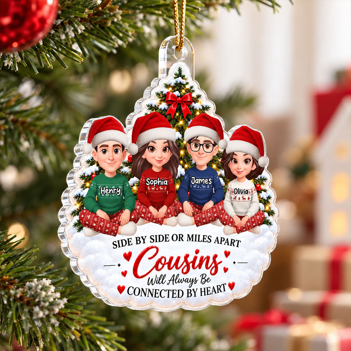 Cousins Family Sisters Connected By Heart - Personalized Acrylic Ornament - Christmas Gift For Cousins, Girls, Family
