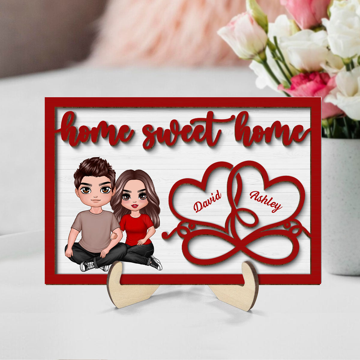 Couple Sitting Embracing Home Sweet Home Valentine‘s Day Gift For Him For Her Personalized 2-Layer Wooden Plaque