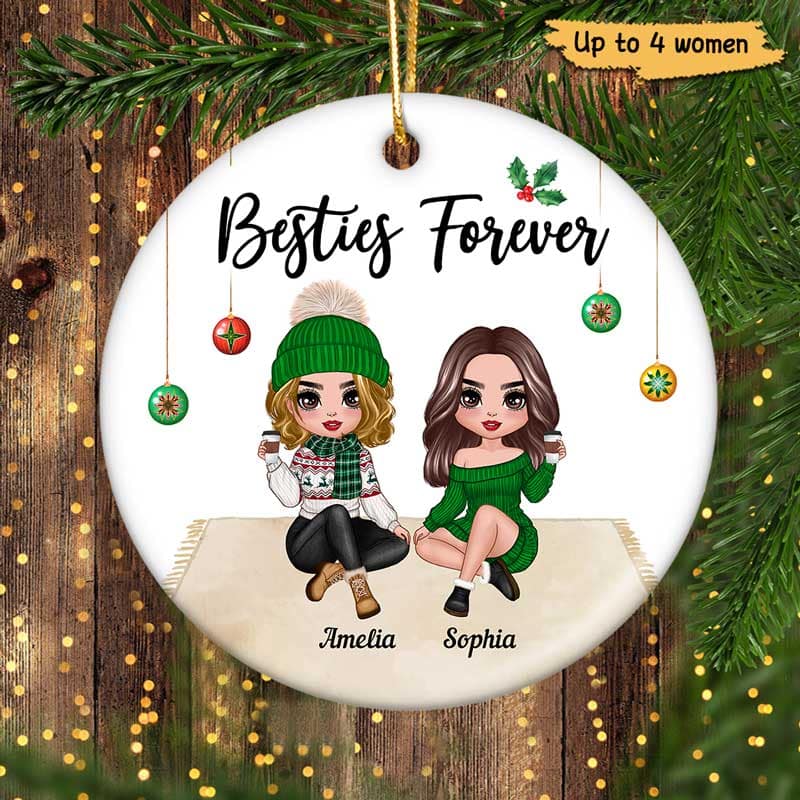 Doll Girls Best Friends Sisters Green Personalized Circle Ornament