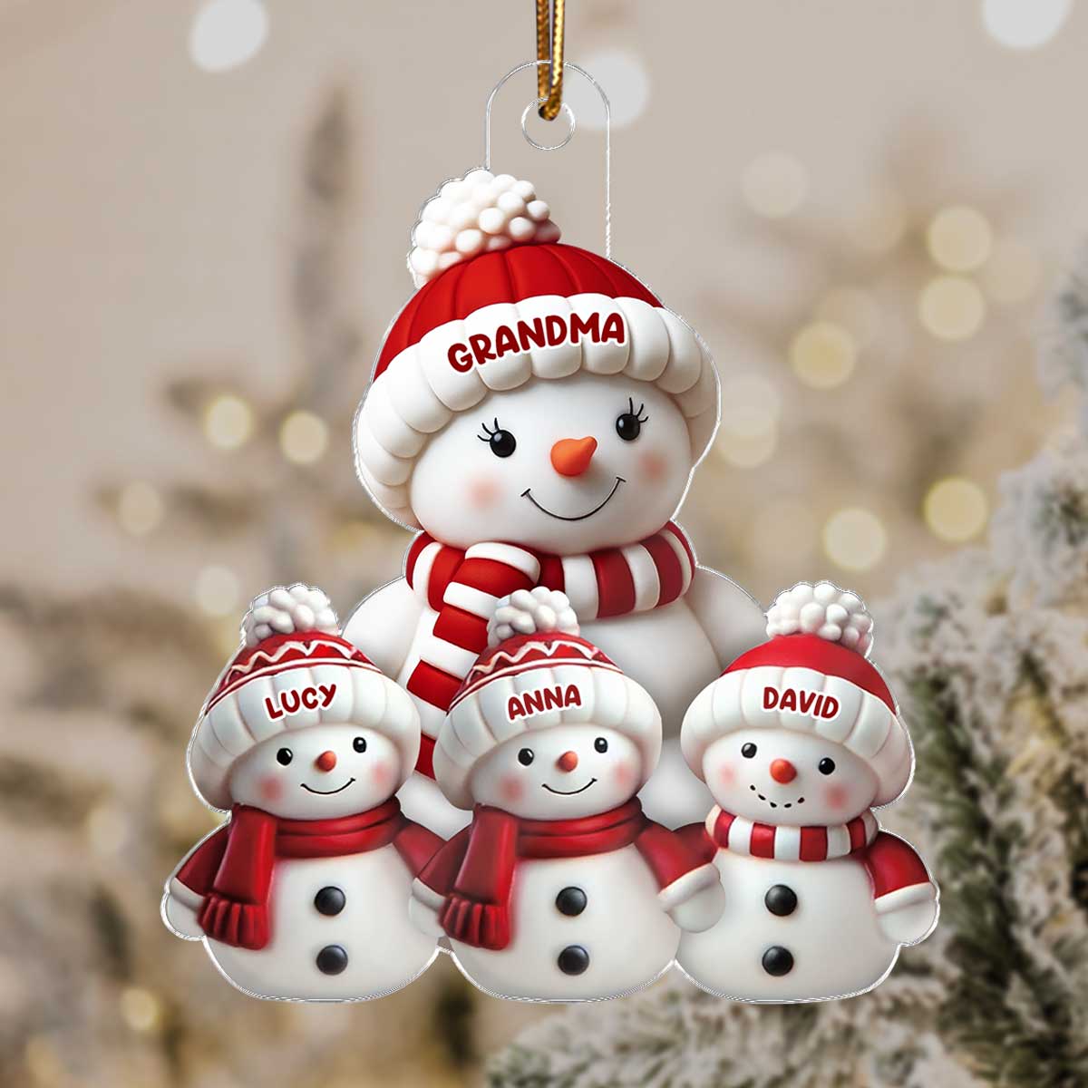 3D Effect Cute Snowman Grandma & Grandkids - Personalized Acrylic Ornament - Christmas Decor For Family, Grandma